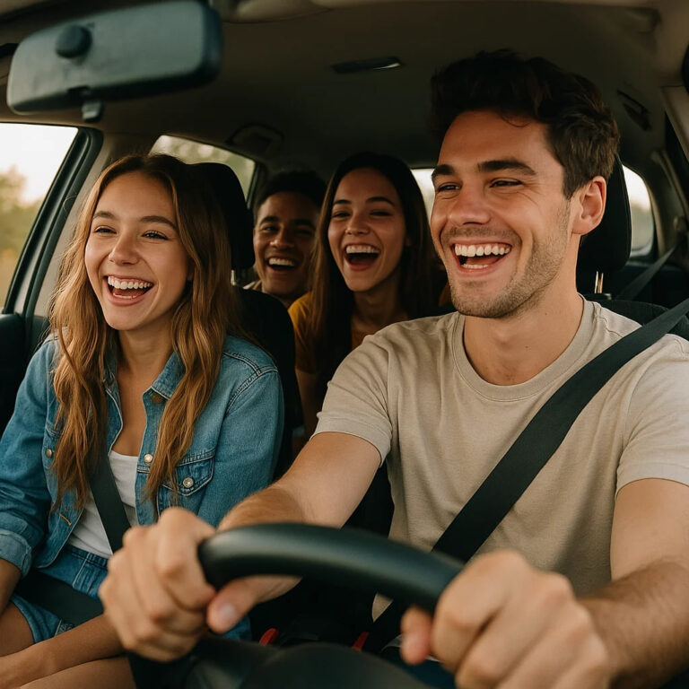 Grupo de amigos felices de viaje en coche